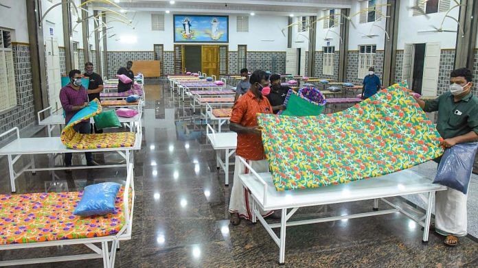 A Covid facility being prepared at Manjummal Carmel Hall in Kochi, on 5 May 2021 | PTI