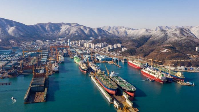 Ships sit under construction at the Daewoo Shipbuilding & Marine Engineering Co. shipyard in this aerial photograph taken in Geoje, South Korea | Representational image | Photographer: SeongJoon Cho | Bloomberg
