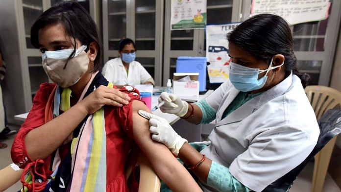 A woman being vaccinated against Covid in Uttar Pradesh on Saturday | For representation only | ThePrint