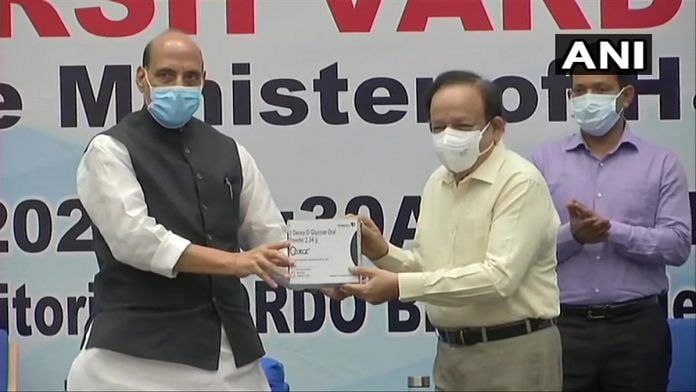 Defence Minister Rajnath Singh and Union Health Minister Harsh Vardhan released the first batch of Anti-Covid drug 2DG developed by DRDO, on 17 May 2021 | Twitter/@ANI