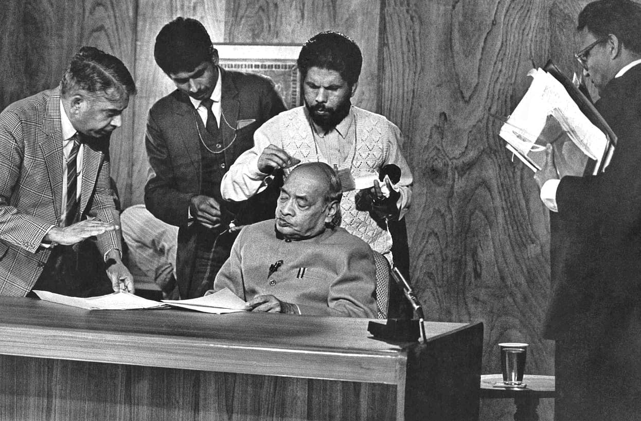 Prime Minister P.V Narasimha Rao gets his make up done ahead of an interview with BBC | Photo: Praveen Jain 