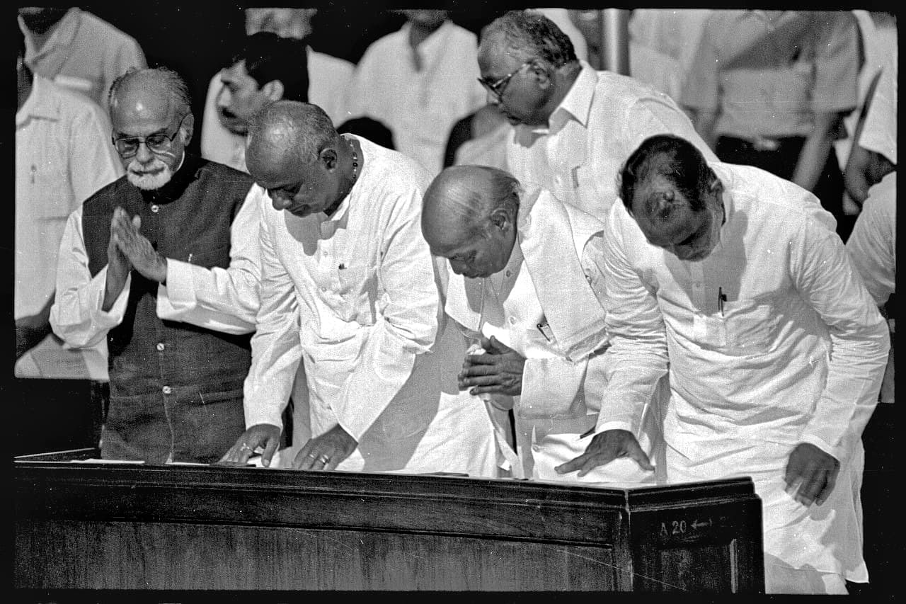 Prime Minister P. V. Narasimha Rao with H. D. Deve Gowda, Inder Kumar Gujral and Chandrashekhar at Parliament House | Photo: Praveen Jain