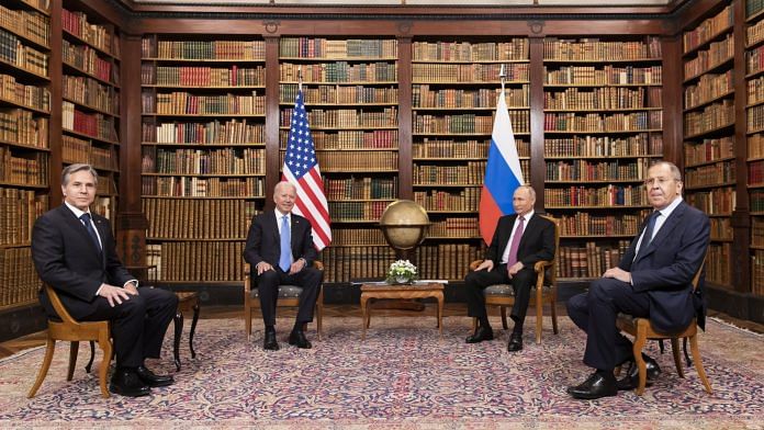 Antony Blinken, Joe Biden, Vladimir Putin and Sergei Lavrov at the US-Russia summit at Villa La Grange in Geneva, Switzerland on 16 June, 2021. Photographer: Peter Klaunzer | Bloomberg
