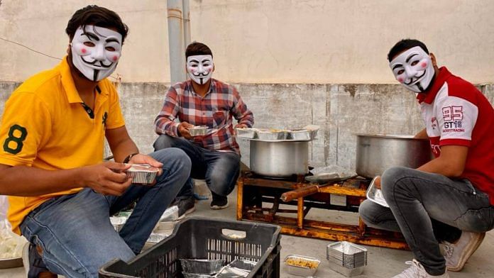 Bhopal A group on men in Bhopal have been going out and distributing food to the needy wearing Guy Fawkes masks. They say their relief efforts aren't about gaining publicity for themselves | Nirmal Poddar | ThePrint
