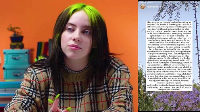 Singer Billie Eilish posted her apology on Instagram story (right) | Commons