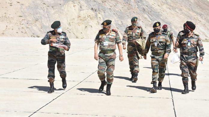 General Bipin Rawat (2nd from left) during interaction with local commanders in Sumdoh sector, on 29 June 2021