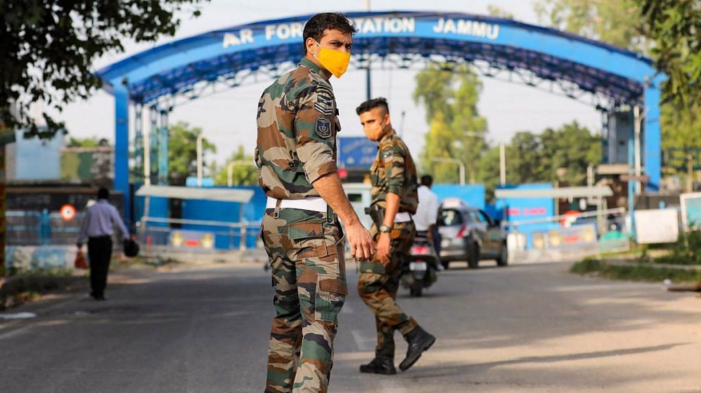 Security personnel at the Jammu Air Force Station after two low-intensity explosions were reported in the early hours of 27 June | PTI Photo