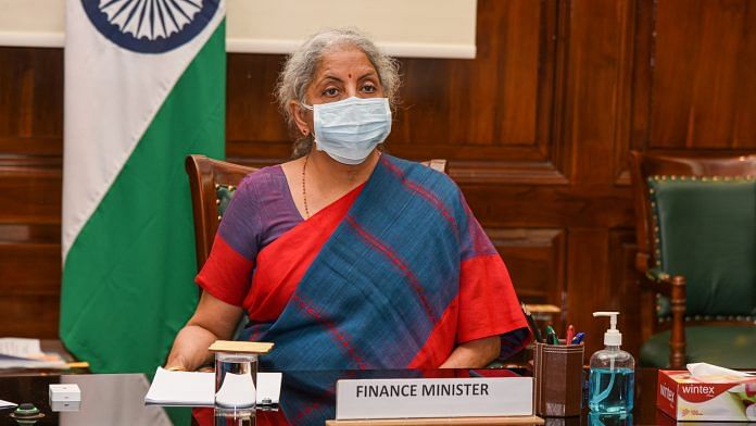 Finance Minister Nirmala Sitharaman during a meeting with MoS Finance Anurag Thakur, Secy (Rev.) and Infosys delegation at New Delhi on 22 June 2021 | PTI