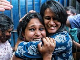 Devangana Kalita and Natasha Narwal after walking out of Tihar Jail on 17 June 2021 | Photo: Manisha Mondal | ThePrint