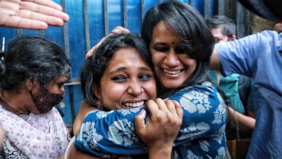Devangana Kalita and Natasha Narwal after walking out of Tihar Jail on 17 June 2021 | Photo: Manisha Mondal | ThePrint