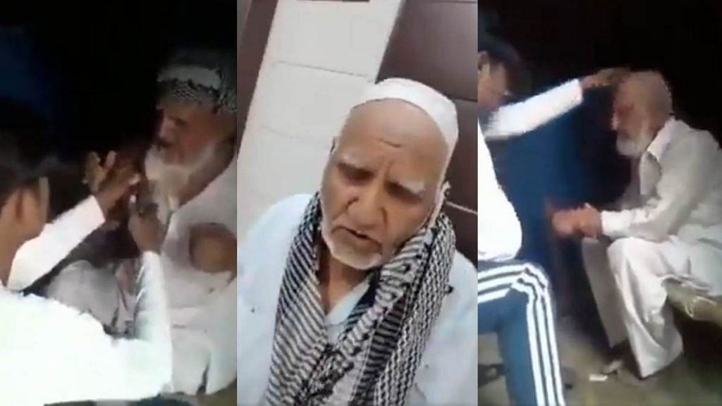Video grabs of 72-year-old Abdul Samad Saifi narrating his ordeal (centre) after being beaten up (right) and his beard was chopped off | Photo: Twitter