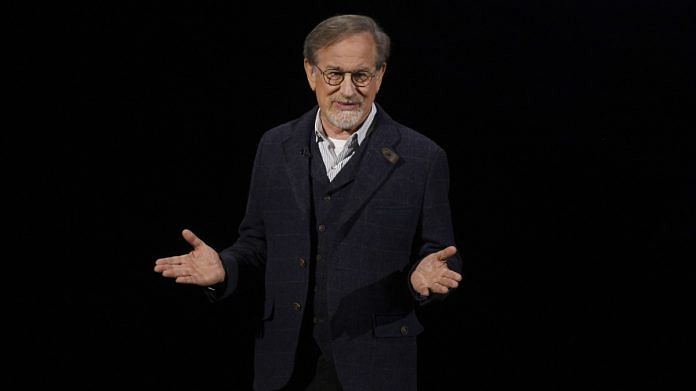Filmmaker Steven Spielberg speaks during an Apple Inc. event at the Steve Jobs Theater in Cupertino, California | Bloomberg