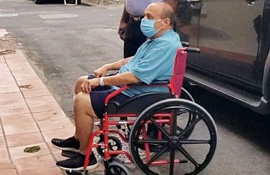 Mehul Choksi in a wheelchair outside a courthouse in Dominica, on 3 June 2021 | ANI Photo