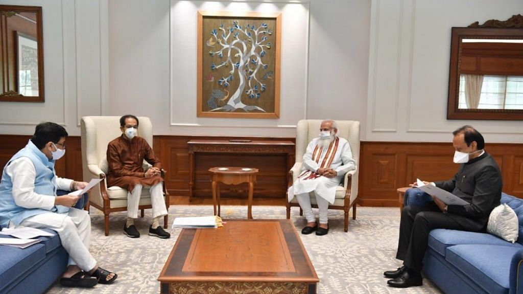 PM Narendra Modi with Maharashtra CM Uddhav Thackeray, Deputy CM Ajit Pawar and Congress leader Ashok Chavan during a meeting in New Delhi, on 8 June 2021 | Twitter/@CMOMaharashtra