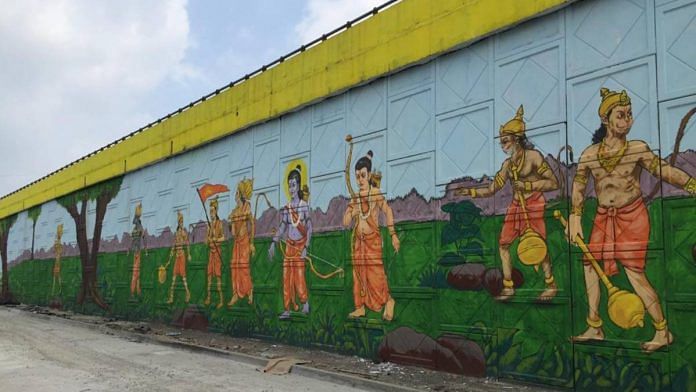 The walls of a flyover in Ayodhya, with paintings depicting scenes from Ram's life | Moushumi Das Gupta | ThePrint