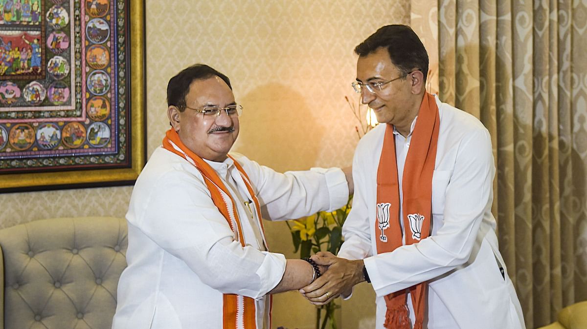 BJP President J.P. Nadda greets Jitin Prasada after he joined BJP, at his residence in New Delhi, 9 June 2021 | PTI