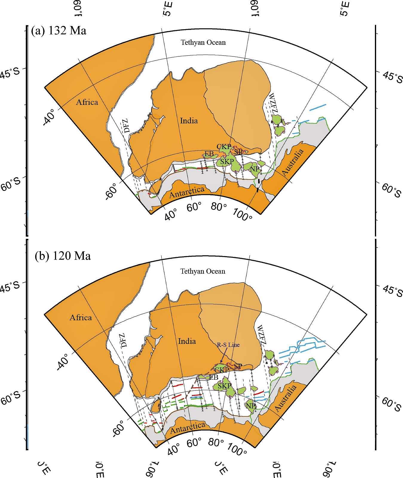 The positions of Greater India and East Antarctica at the ages of 132 Ma and 120 Ma (after Talwani et al., 2016). (a) Break-up in the first phase at 132 Ma depicting the initiation of seafloor spreading between India and Antarctica. Continental fragments shown with a light green colour (Southern Kerguelen Plateau, Central Kerguelen Plateau, Elan Bank and Naturalistic Plateau) continue to be with the Indian subcontinent even after the first breakup phase. (b) Breakup in the second phase at 120 Ma depicting the detachment of continental fragments shown with light green color from Greater India. Image shared by Prof. K.S. Krishna.
