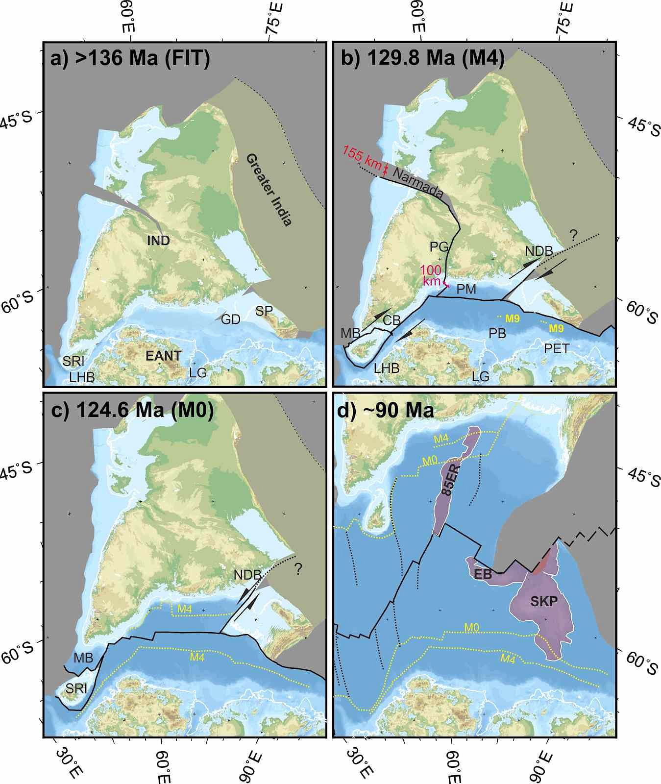 Plate kinematic reconstruction of the separation of Antarctica, India and Sri Lanka at four different times (Jokat et al., 2021). Abbreviations: eastern offshore Cauvery (CB), East Antarctica (EANT); Elan Bank (EB); Upper Ganges Delta (GD); India (IND); Lambert Graben (LG); LHB-Lützow Holm Bay; Mannar basins (MB); northern Damodar (NDB); Palar Margin (PM); Pranhita–Godavari (PG); Princess Elizabeth Trough (PET); Prydz Bay (PB); Shillong Plateau (SP); Southern Kerguelen Plateau (SKP); Sri Lanka (SRI); 85° E Ridge (85ER). 