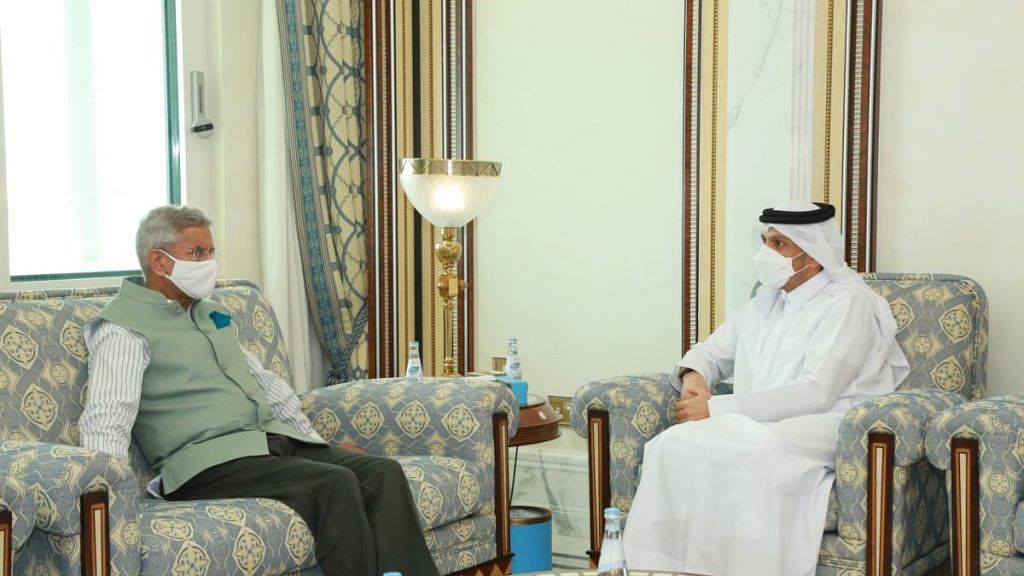 External Affairs Minister S Jaishankar with his Qatari counterpart Mohammed bin Abdulrahman Al-Thani, on 15 June 2021 | PTI