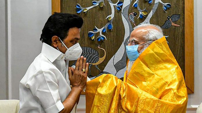 Prime Minister Narendra Modi with Tamil Nadu Chief Minister and DMK chief MK Stalin during a meeting in New Delhi, on 17 June 2021