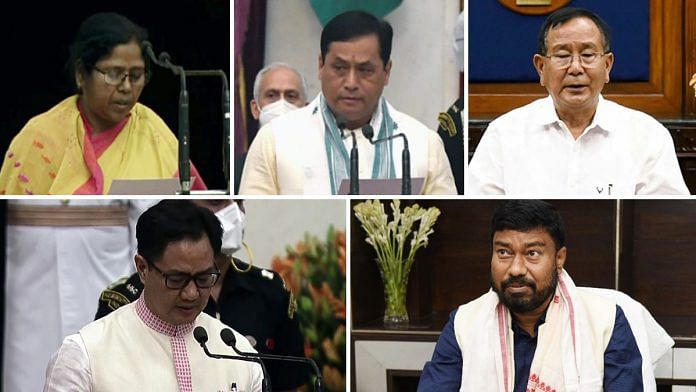 1 (Clockwise) Pratima Bhoumik, Sarbananda Sonowal, Rajkumar Ranjan Singh, Rameshwar Teli and Kiren Rijiju — the five BJP leaders from the Northeast who have been named ministers in the Modi government. | Photo: ANI