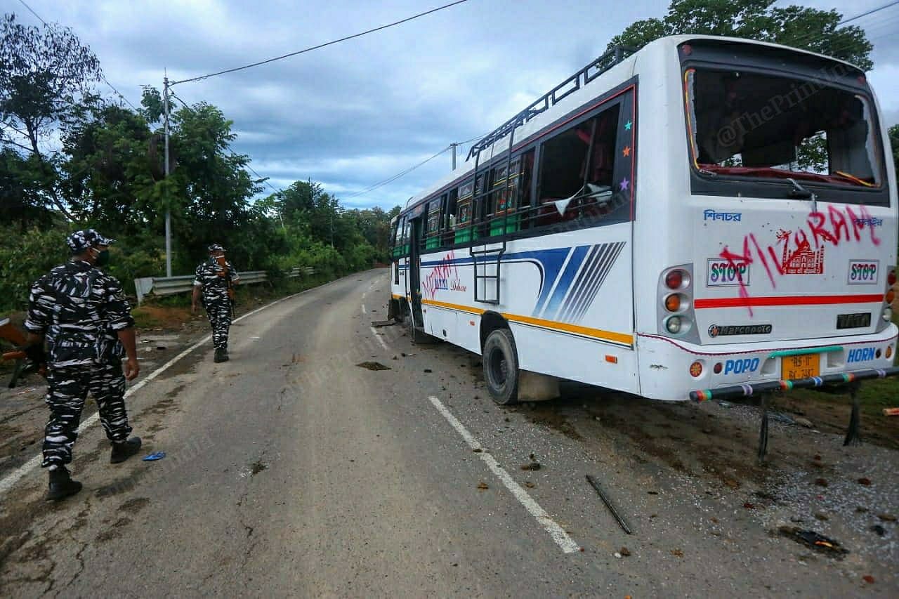 Miscreants vandalised a bus travelling from Mizoram on National Highway 306 | Photo: Praveen Jain | ThePrint