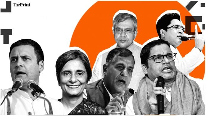 (Clockwise from left) Rahul Gandhi, Ashwini Vaishnaw, Abhishek Banerjee, Prashant Kishor, Ashok Lavasa and Gagandeep Kang | Illustration: Soham Sen