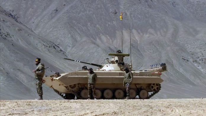 A BMP 2 armoured personnel carrier and Army personnel in Ladakh, on 27 September 2020 | ANI File Photo
