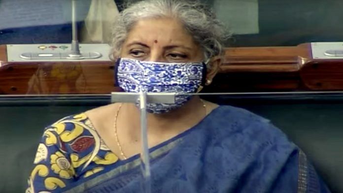 File photo of Union Finance Minister Nirmala Sitharaman speaking in Lok Sabha during the Budget Session of Parliament in New Delhi on 22 March 2021 | Photo: ANI via LSTV