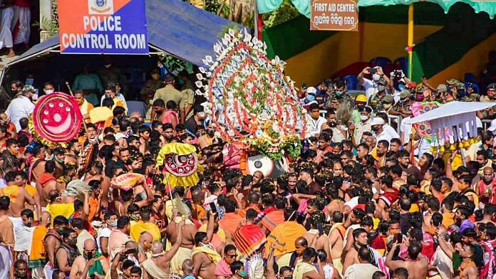 Rituals being performed during Lord Jagannath Ratha Yatra by priests amid Covid-19 lockdown restrictions in Puri, on 12 July 2021 | PTI