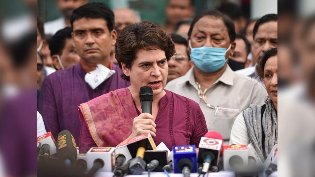 AICC General Secretary Priyanka Gandhi Vadra addresses a press conference at the party office in Lucknow Friday, on 16 July 2021 | PTI