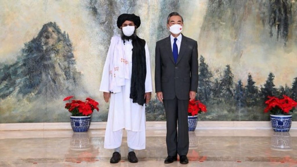 Taliban leader Mullah Abdul Ghani Baradar with Chinese Foreign Minister Wang Yi in Tianjin, China on 28 July 2021 | Twitter/@MFA_China