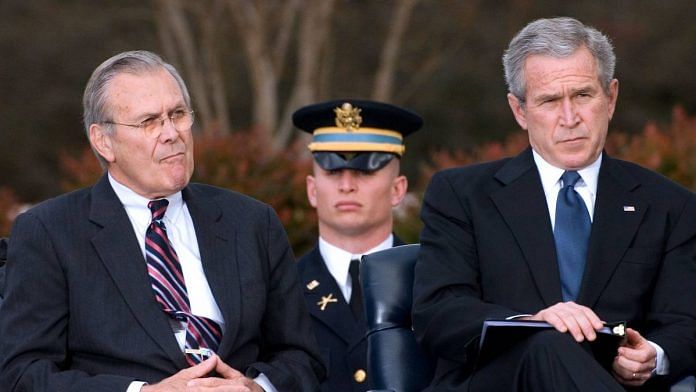 Secretary of Defense Donald Rumsfeld with US President George Bush during a ceremony honouring Rumsfeld at the Pentagon in Arlington, Virginia, in December 2006. Rumsfeld died on 29 June 2021. He was 88 | Chris Greenberg | Bloomberg
