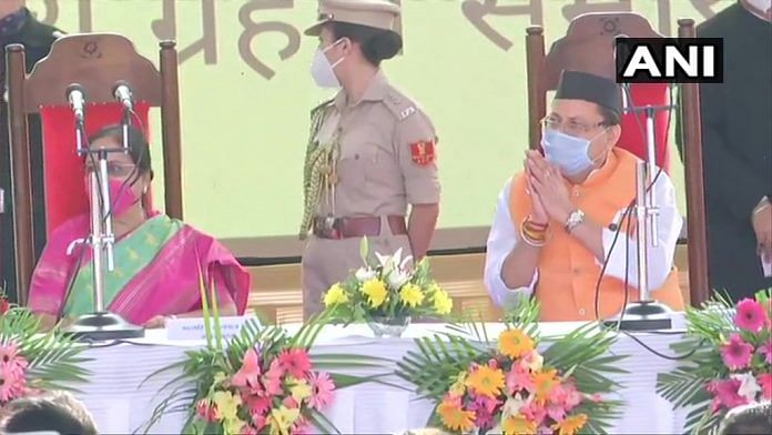 BJP MLA Pushkar Singh Dhami takes oath as the next CM of Uttarakhand in Raj Bhawan, Dehradun on 4 July, 2021 | Twitter/ANI