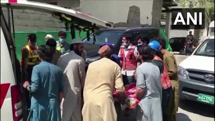 People being taken into an ambulance after a bus blast in Dasu area of Upper Kohistan district of the restive Khyber Pakhtunkhwa province on 14 July, 2021 | ANI