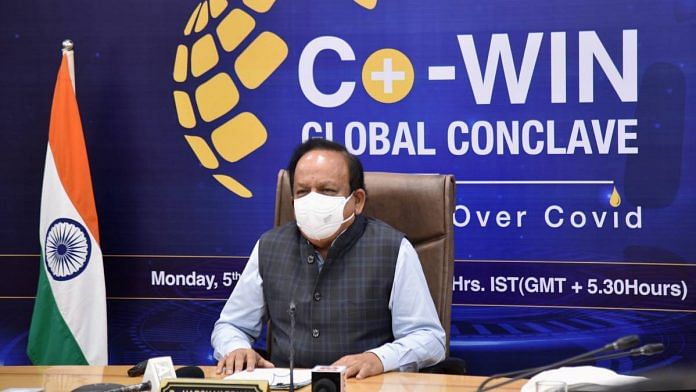 Harsh Vardhan Union Health Minister Dr Harsh Vardhan addresses the inaugural session of the Co-WIN Global Conclave, in New Delhi on 5 July 2021. He resigned from his position on 7 July 2021 | PTI