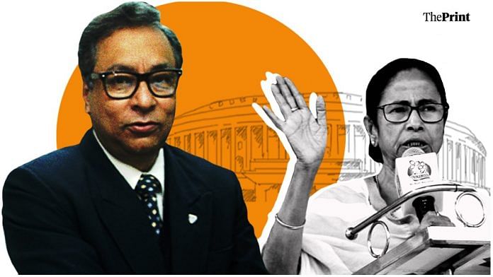 Former IAS officer Jawhar Sircar (left) was nominated by West Bengal CM Mamata Banerjee (right) to the Rajya Sabha | Graphic by Soham Sen | ThePrint