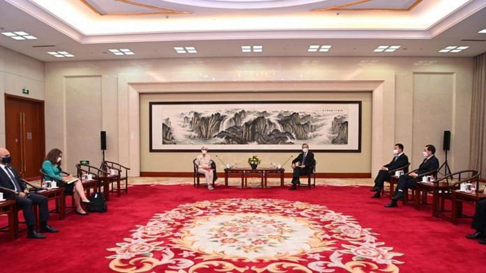 US Deputy Secretary of State Wendy Sherman in a meeting with Chinese Foreign Minister Wang Yi, on 26 July 2021 | Twitter/@MFA_China