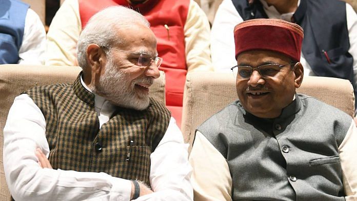 PM Narendra Modi with Union Minister for Social Justice & Empowerment Thawar Chand Gehlot during a BJP parliamentary committee meeting at Parliament House, in New Delhi in 2019. Gehlot was dropped from the Union cabinet on 6 July 2021 | R Raveendran | ANI