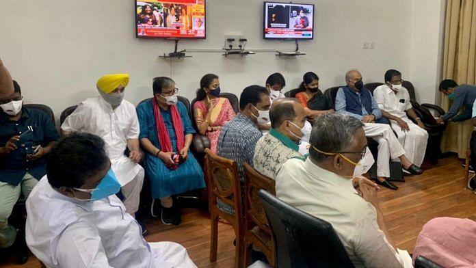 Leaders of different opposition parties attend a meeting in Congress leader Mallikarjun Kharge's Parliament chambers, on 28 July 2021 | Photo: Rahul Gandhi/Twitter