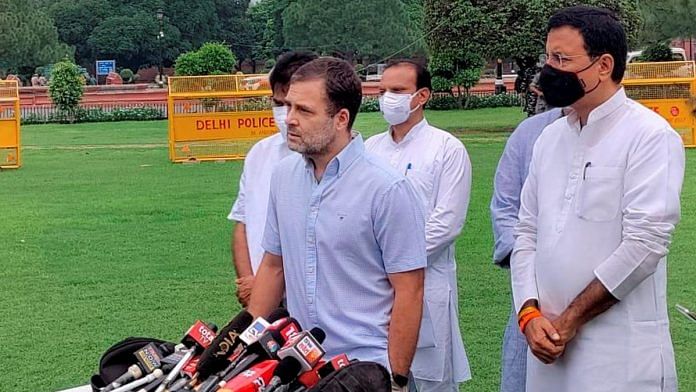 Congress leader Rahul Gandhi addresses media during the Monsoon Session of Parliament in New Delhi Friday, on 23 July 2021 | PTI