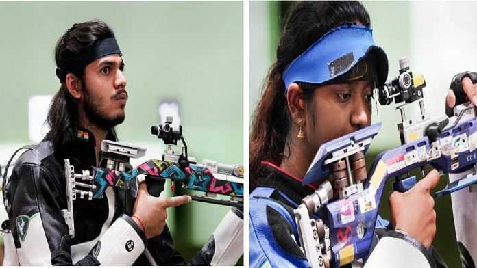India's Divyansh Singh Panwar and Elavenil Valarivan while competing in the 10m Air Rifle Mixed Team shooting event at Tokyo Olympics on 27 July 2021 | PTI
