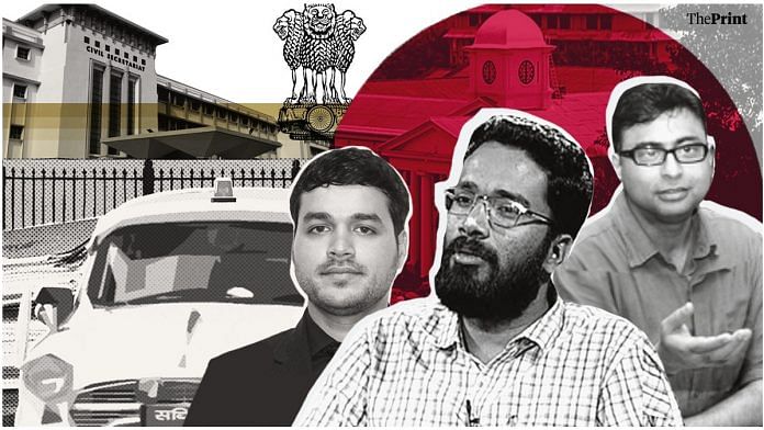 (From left) IAS officers Anupam Mishra, Sriram Venkitaraman and Rajiv Ranjan | Illustration: Soham Sen