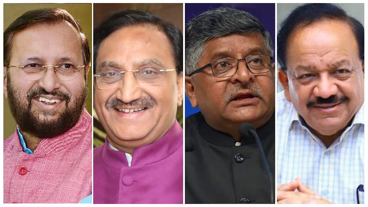 (L-R) Prakash Javadekar, Ramesh Pokhriyal 'Nishank', Ravi Shankar Prasad, and Harsh Vardhan (L-R) Prakash Javadekar, Ramesh Pokhriyal 'Nishank', Ravi Shankar Prasad, and Harsh Vardhan