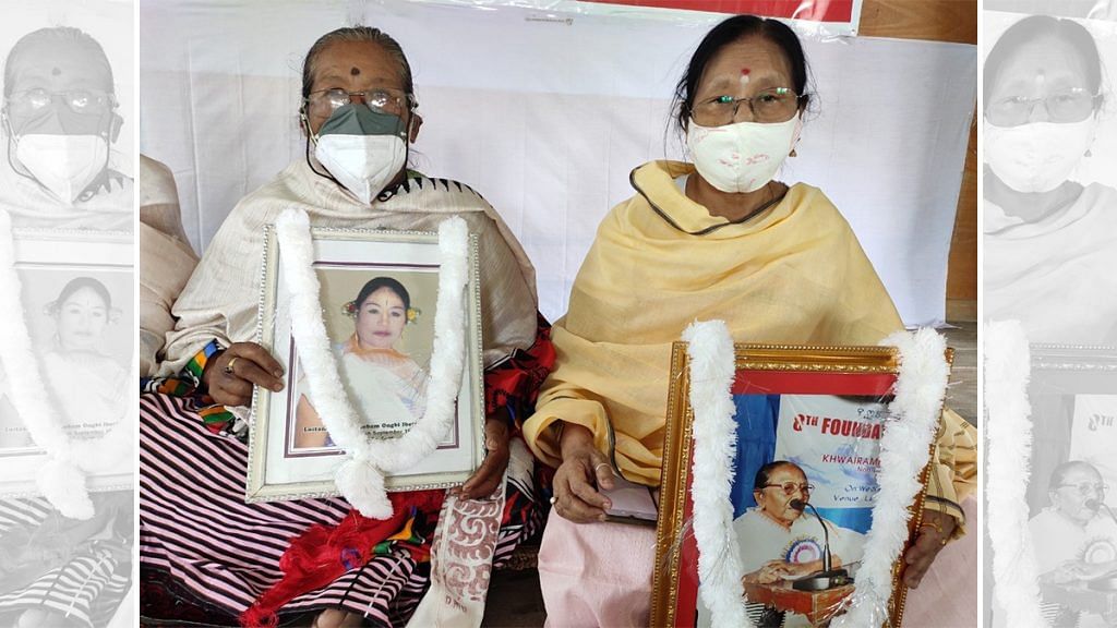 Ima Moirangthem Sorojini and Ima Gyaneshwori, who participated in the 2004 protest, hold pictures of two fellow protesters who have passed away since | Simrin Sirur | ThePrint