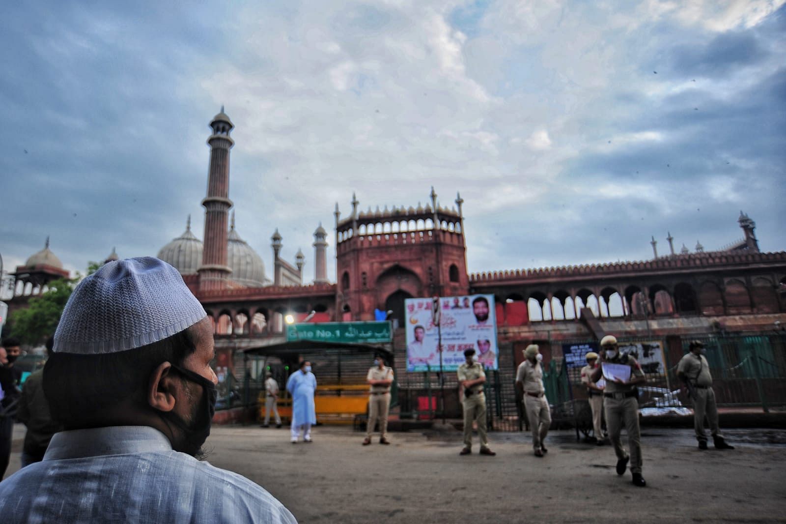 Security personnel patrol a market area near Jama Masjid on the occassion of Eid al-Adha during the ongoing COVID-19 in New Delhi | Suraj Singh Bisht | ThePrint