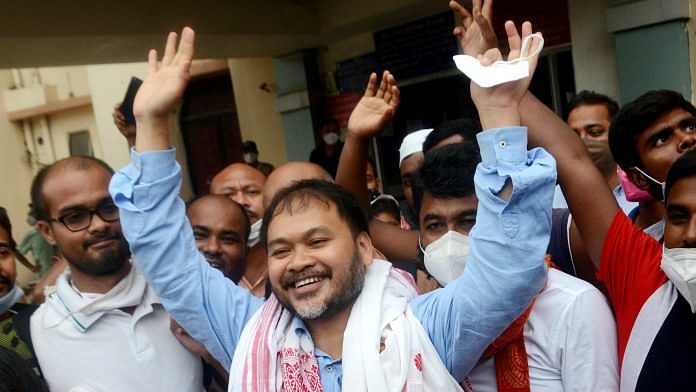 Sibsagar MLA Akhil Gogoi celebrates with his supporters after his release from prison, in Guwahati on 1 July 2021
