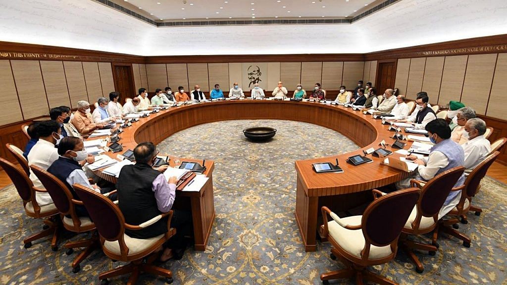 Prime Minister Narendra Modi holds a meeting with the new Union Cabinet at his official residence, in New Delhi, on 14 July 2021| ANI Photo