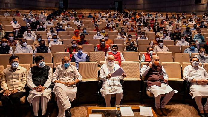 Prime Minister Narendra Modi with Defence Minister Rajnath Singh, Home Minister Amit Shah and others at the BJP Parliamentary Party meeting, during the Monsoon Session of Parliament, in New Delhi, on 20 July 2021 | PTI