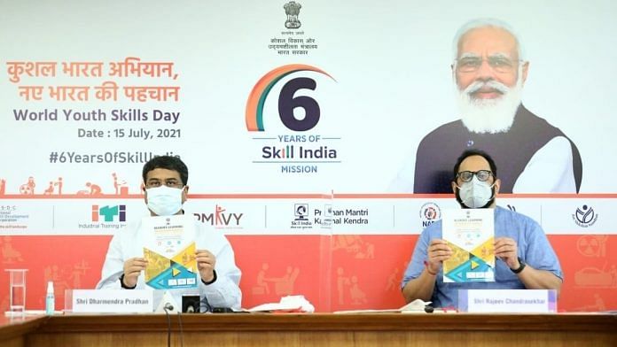 Union Minister for Skill Development and Entrepreneurship Dharmendra Pradhan and Minister of State Rajeev Chandrasekhar at the World Youth Skills Day. | Photo: Twitter/@drpradhanbjp